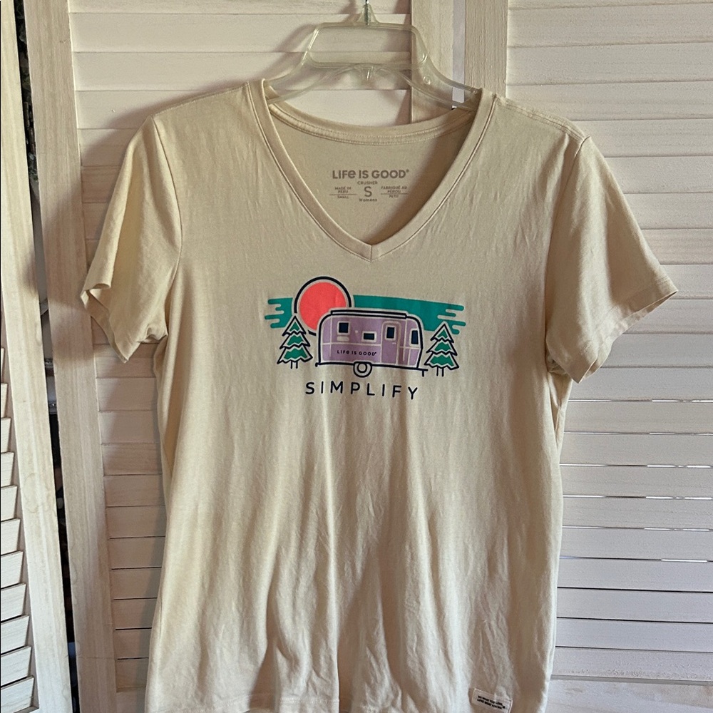 Life Is Good Tan T-Shirt with Camper Graphic
